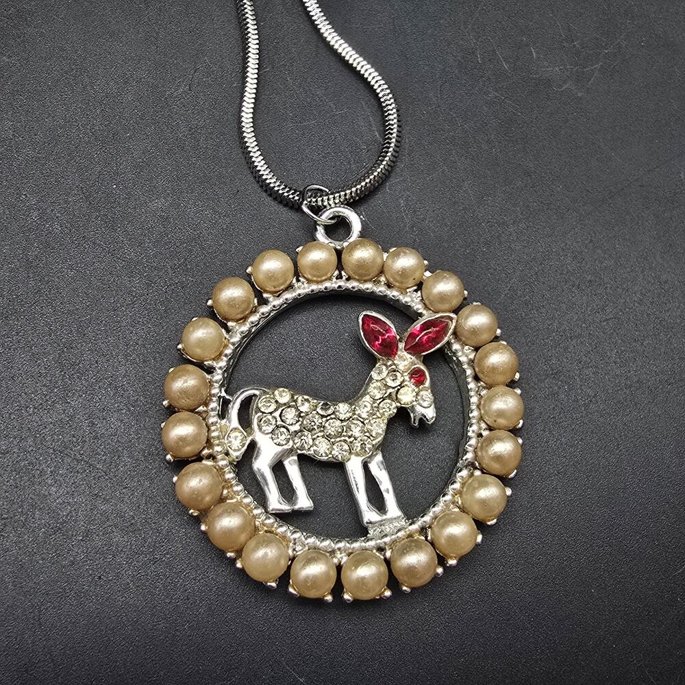 Oleet Democrat Donkey Necklace Pendant Faux Pearl Rhinestone Vintage Politics